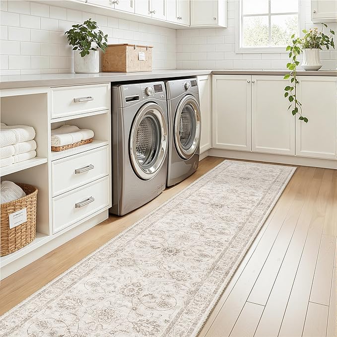 Madane Runner Rug 2x10 for Hallway, Kitchen Non-Slip Runner Rug with Rubber Backing, Vintage Soft Low Pile Throw Neutral Carpet Runner for Laundry Room Entryway Bathroom Bedroom (2 x 10, Brown/Ivory)