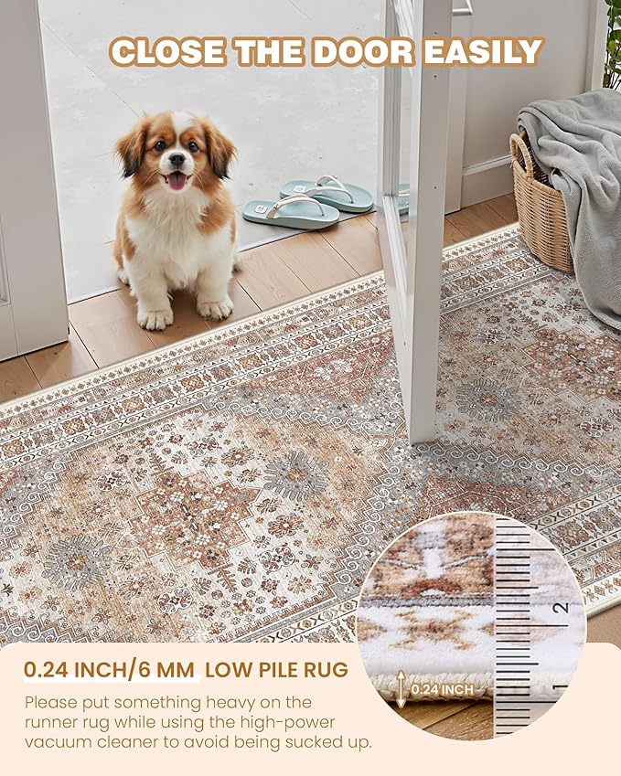 3x10 Runner Rug Non Slip Washable for Entryway, Front Porch, Vintage Hallway Runner for Laundry Room, Bedroom, Stain Resistant Thin Indoor Kitchen Mats for Floor(Orange,3'x10')
