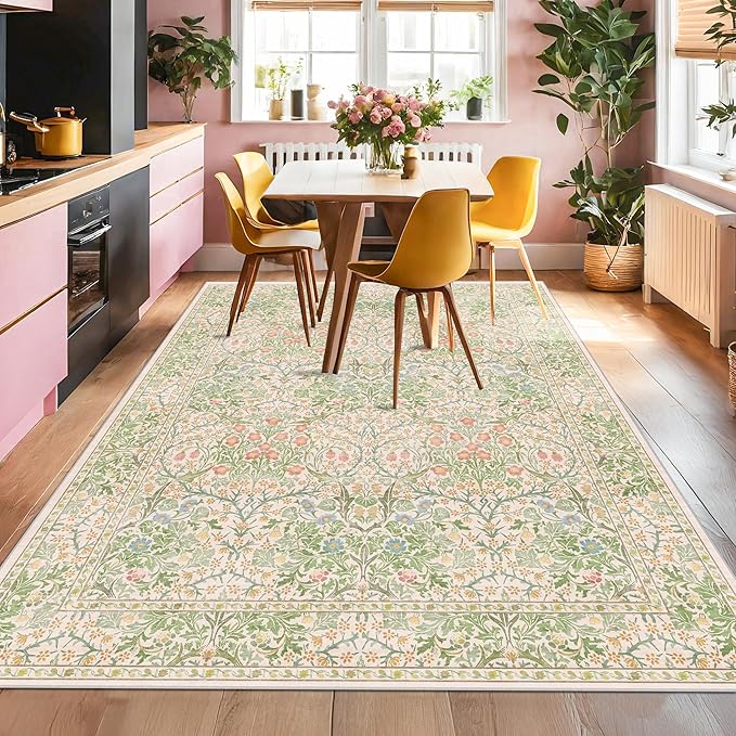 Hazo Haus Light Beige Green Living Room Rug, 6x8 Washable Area Rug for Kids Room, Bedroom, Nursery Room, Living Room, Dining Room, Low Pile Non-Slip - Vintage Design & Stain Resistance