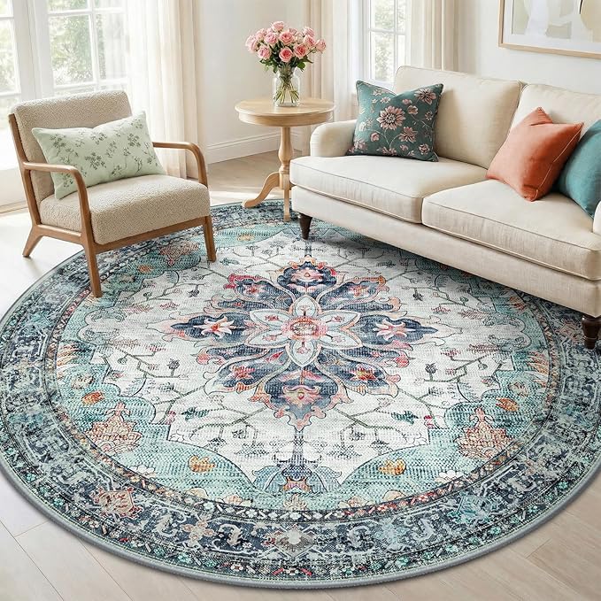 Area Rugs 6ft Washable Non-Slip, Floral Vintage Distress Print Pattern Medallion Carpet for Living Room Bedroom Dining Room, Green Navy Blue White Red Teal Colorful