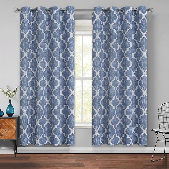 Beauoop 100% Blackout Curtains 72 Inches Long 2 Panels for Bedroom Living Room Blue Moroccan Geo Room Darkening Thermal Insulated Soundproof Grommet Top Window Treatments Drapes, 50x72 Set of 2