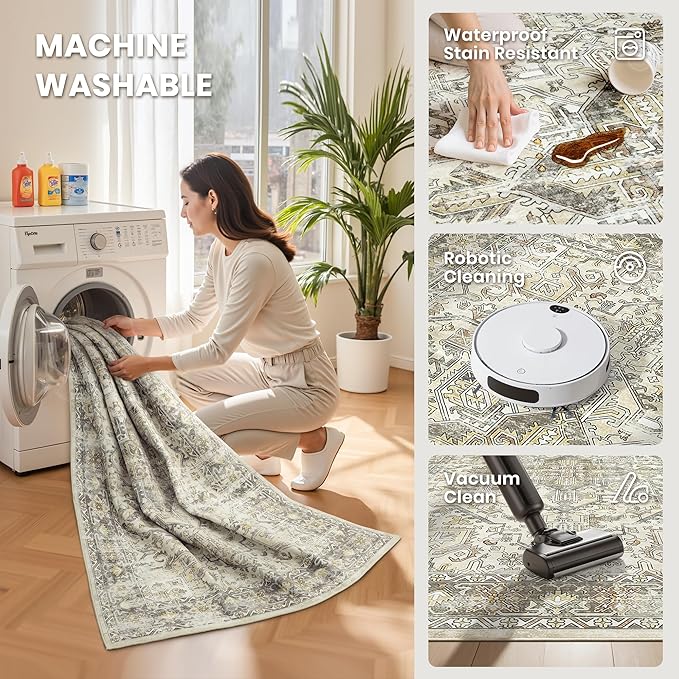 zesthome 6x9 Area Rug, Super Soft Washable Rugs for Living Room, Non-Slip Stain Resistant Vintage Rugs, Ultra-Thin Large Area Rugs (Beige/Brown,6'x9')