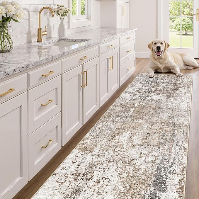 UERMEI 3X10 Washable Runner Rug for Hallway: Soft Neutral Modern Abstract Area Rug - Non-Slip Low Pile Long Throw Indoor Carpet for Kitchen Entryway Kitchen Bedroom Laundry Bathroom - Brown/Grey/Red