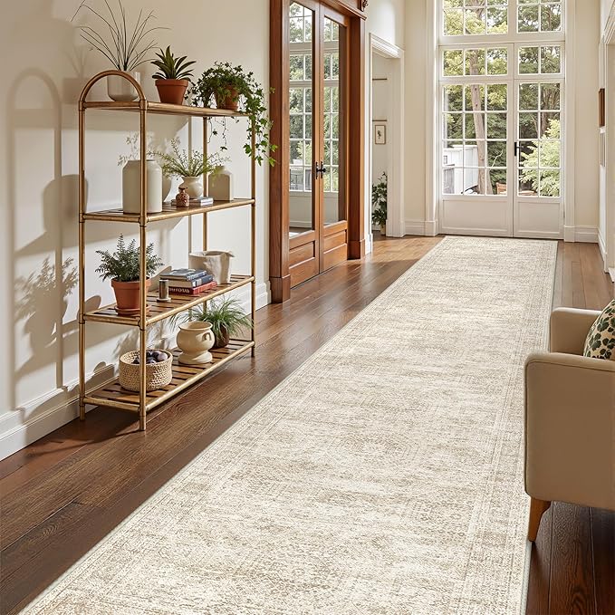 3x14 Washable Runner Rug for Hallway, Non-Slip Long Hallway Runner for Entryway, Soft Vintage Kitchen Mats for Floor, Abstract Dining Room, Bedroom, Living Room Rugs(3'x14', Beige/Ivory)