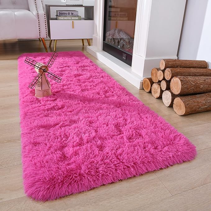 Chicrug Soft Runner Rug for Bedroom Living Room Plush Fluffy Rugs 2x6 Feet, Shag Furry Runner Rug Carpet Non Shedding for Nursery Children Kids Girls Room Home Decorative, Hotpink