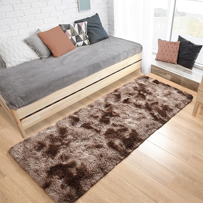 Tepook Fluffy Runner Rugs for Bedroom Aesthetic 2x6 Feet, Shag Soft Bedside Rug with Non-Slip Bottom, Fuzzy Plush Carpet for Room, Hallway Rug for Nursery Dorm Indoor Home Decor, Tie-Dyed Coffee