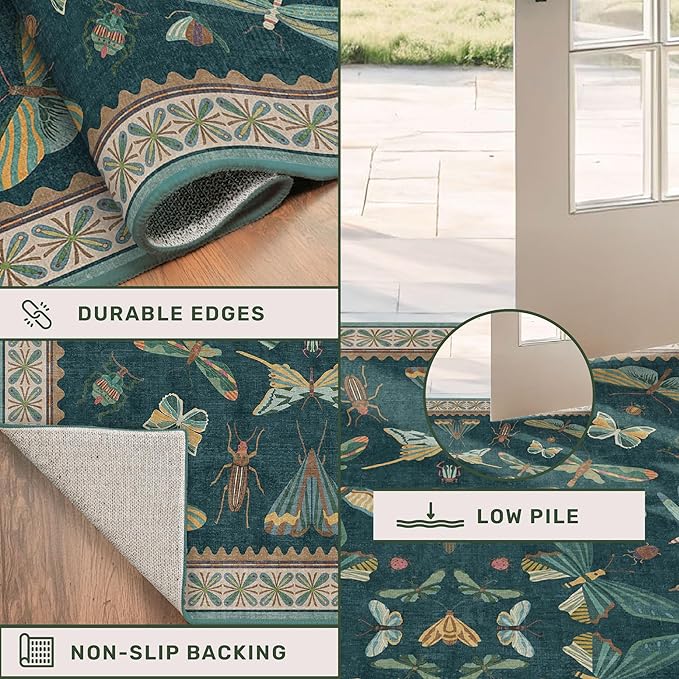 Hazo Haus Brown and Green Kitchen Sink Runner Rug 2x5 - Teal Boho Bathroom Rugs for Entrance Indoor, Insect Print Floral Vintage Unique, Washable Non Skid Stain Resistant
