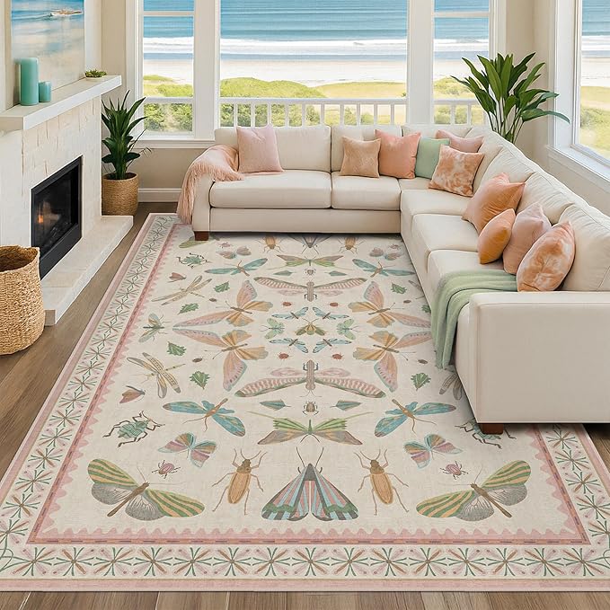 Hazo Haus Cute Rugs for Bedroom Girls - Pink Living Room Rugs 8X10, Dining Room Table, Washable Pastel Flower Insect Print Whimsical Décor