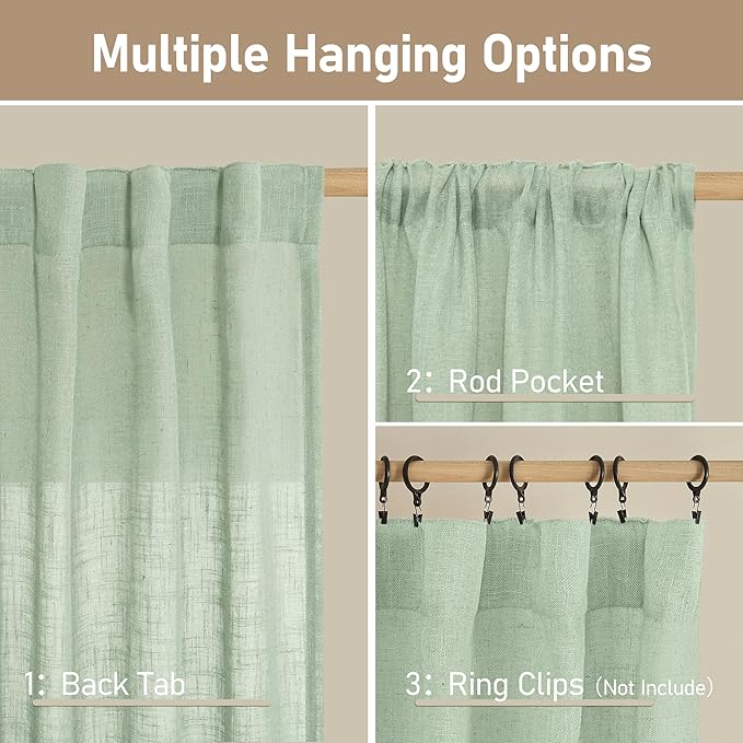 LAMIT 54 Inch Semi Sheer Window Linen Curtains, Light Filtering Panels Back Tab and Rod Pocket Country Decor Drapes for Bedroom/Farmhouse, Fresh Green, 2 Panels, 34 x 54 Inch
