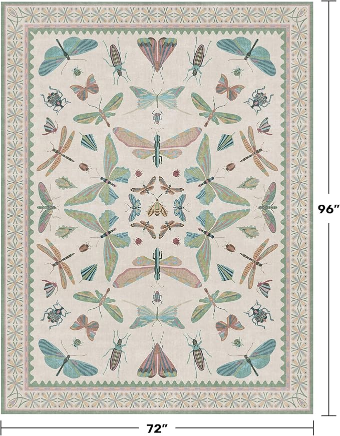 Green and Blue Rugs for Bedroom - Washable 6x8 Area Rug for Living Room, Dining Room, Non Slip Fun Insect Cute Kid Room Carpet, Stain Resistant Low Pile & Soft