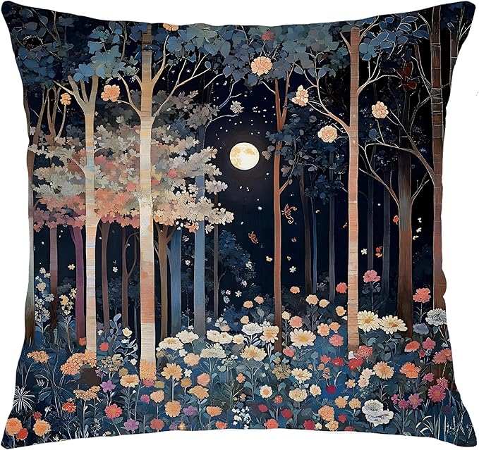 Rustic William Morris Inspired Night Moon Forest Decor Pillow Covers 18x18,Vintage Botanical Nature Landscape Decorative Throw Pillow Covers for Home Bedroom Living Room