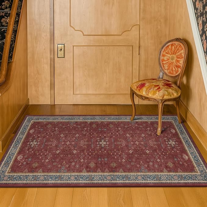 Burgundy 2x3 Washable Rugs for Entryway Indoor, Boho Kitchen Rug for Floor, Bathroom, Doormat Indoor Entrance, Waterproof Non Slip Low Pile Stain & Fade Resistant, Modern Eclectic Floral Decor