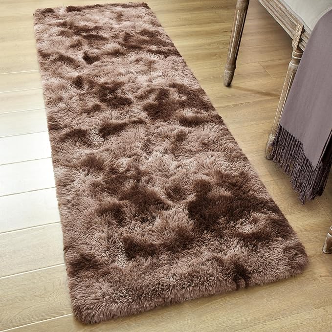 Tepook Fluffy Runner Rugs for Bedroom Aesthetic 2x6 Feet, Shag Soft Bedside Rug with Non-Slip Bottom, Fuzzy Plush Carpet for Room, Hallway Rug for Nursery Dorm Indoor Home Decor, Tie-Dyed Coffee
