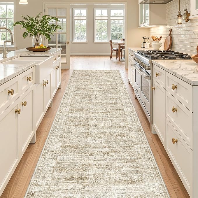 Kitchen Runner Rugs Non Skid Washable - 2.5 x 10 Runner Rug with Anti Slip Backing, Ultra-Thin Soft Rug Runner for Hallway, Bedroom, Living Room (2.5'x10', Brown/Ivory)