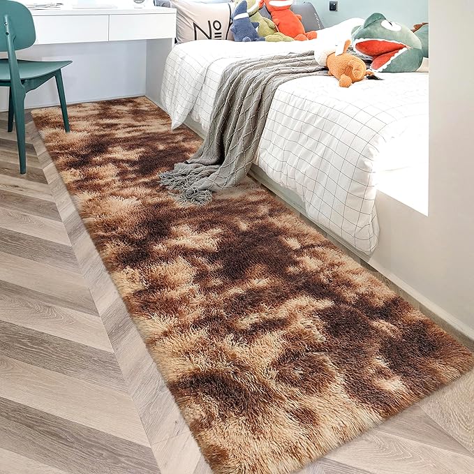 Super Soft Fluffy Living Room Area Rug 2x10 ft Tie-Dyed Brown Shaggy Furry Carpet Washable Non-Slip Floor Rugs Bedroom Bedside Nursery Rug Fuzzy Girls Boy Dorm Home Decor Aesthetic