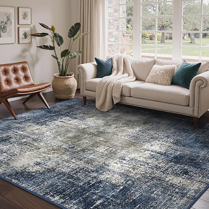 BEIMO Area Rugs 9x12 for Living Room Bedroom, Modern Abstract Machine Washable Rug, Large Soft Low Pile Floor Carpet with Non Slip Backing for Dining Room, Blue&Gray