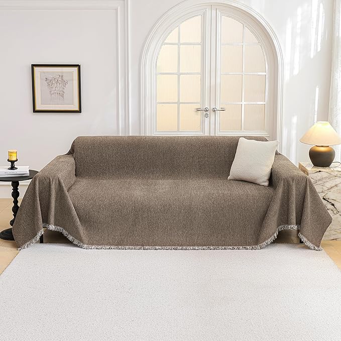 MYSKY HOME Couch Cover for Dogs Washable Couch Covers Couch Covers for Sofa Couch Cover 2 Cushion Sofa Non Slip Dogs Furniture Protector with Tassels Chenille Sofa Covers for Pets, 71"x102", Sand