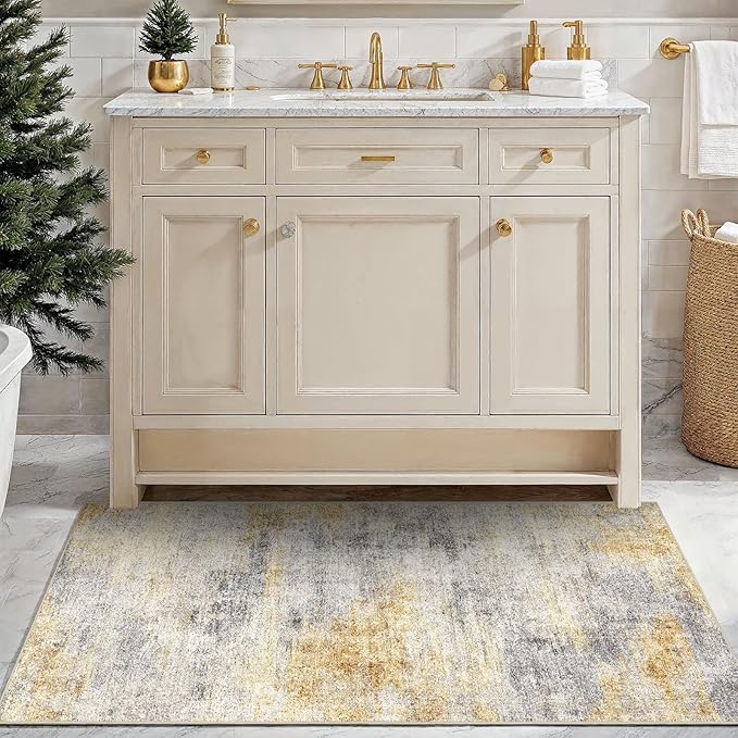 3x4 Washable Entryway Area Rug: Modern Abstract Small Runner Rug for Hallway Soft Non Slip Door Mat with Rubber Backing Low Pile Thin Floor Carpet for Kitchen Bathroom Bedroom Indoor 3x4 Grey/Yellow