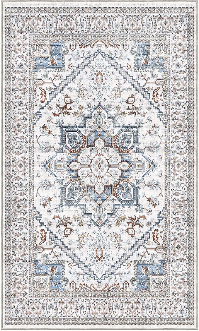 OPPODREAM Soft Neutral Area Rugs 3x5, Washable Rugs with Non Slip Backing, Low-Pile Throw 3x5 Carpet, Faux Cashmere 3 x 5 Carpet, Cream White & Blue & Light Brown