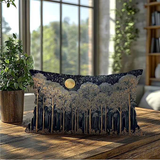 Rustic Dark William Morris Night Forest Moon Decor Pillow Covers 12x20,Vintage Gold Botanical Nature Landscape Decorative Throw Pillow Covers for Home Bedroom Living Room
