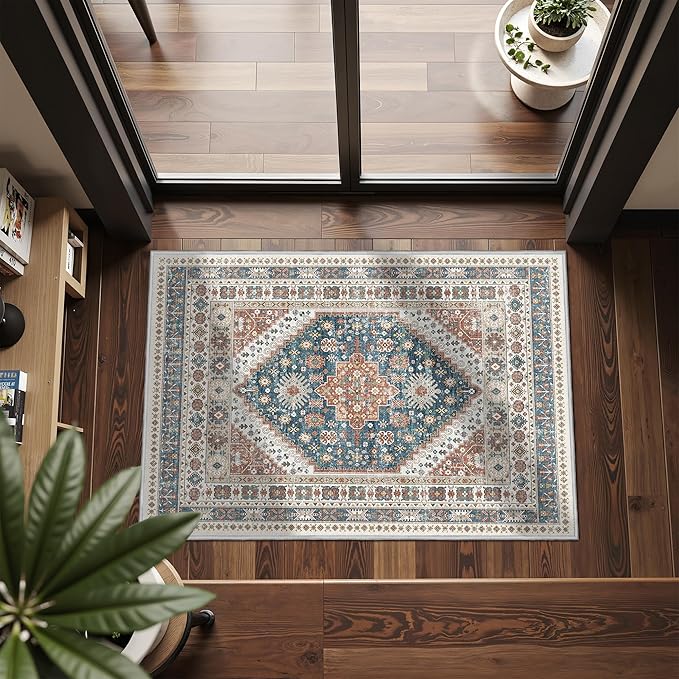Entryway Rug - 2x3 Washable Rug Runner for Bathroom, Laundry Room, Kitchen, Soft Vintage Hallway Runner for Bedroom, Non-Slip Door Mat Indoor Entrance(Blue/Red,2'x3')