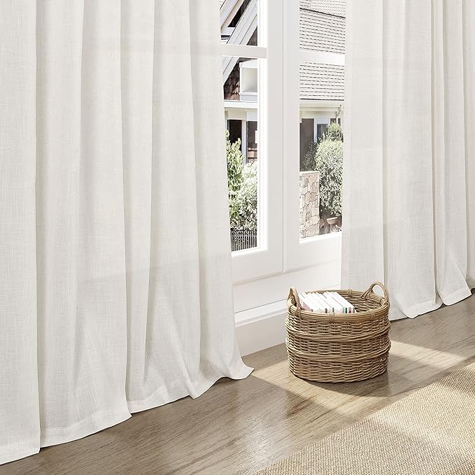 Nanspring Linen Textured Half Curtains for Windows Back Tab Rod Pocket Window Toppers Valances Cream Semi Sheer Translucent Privacy for Home Office Guest Room Cabinet Laundry Room 2 Panels Set 52x26