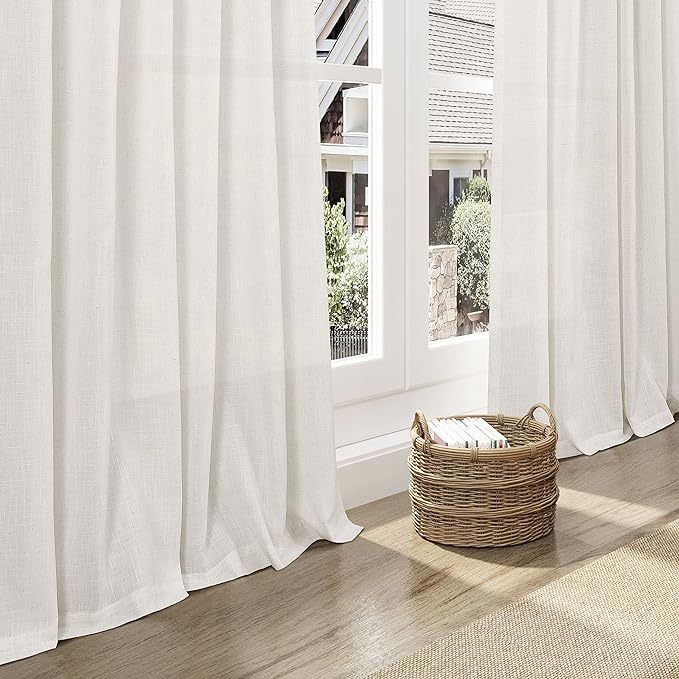Nanspring Cream Semi Sheer Linen Curtains 76 Inch Length for Living Room Back Tab Rod Pocket Modern Farmhouse Coastal Decor Cotton Textured Gauze Curtains for Dining Room Office Kitchen 52x76