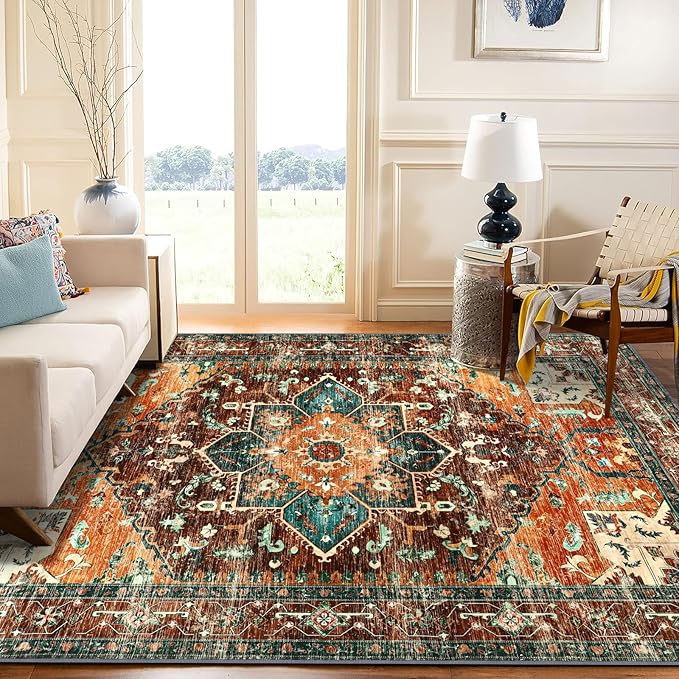 Yamaziot Area Rug 9x12 Large Rug, Non-Slip Washable Boho Vintage Living Room Bedroom Rug with Rubber Backing, Low Pile Faux Wool Soft Distressed Floor Carpet for Living Room, Bedroom