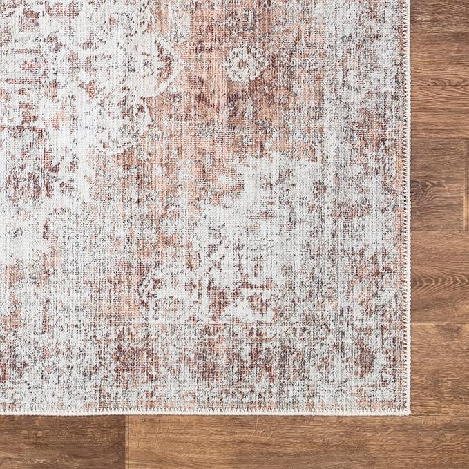Area Rug 5x7 Machine Washable Polyester in Ivory and Blush