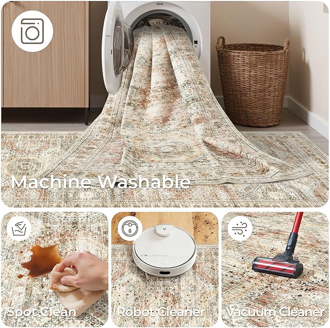 Rug Runners for Hallways Non Slip - 2x8 Runner Rug for Bedroom, Washable Runner with Rubber Backing, Soft Low-Pile Carpet for Kitchen, Laundry, Bathroom (2'x8', Brown/Pink)