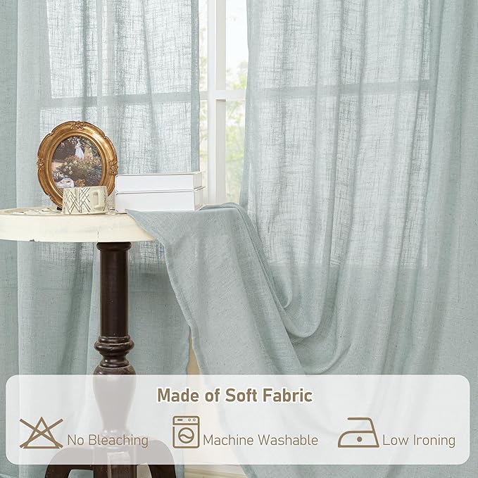 LAMIT Semi Sheer Linen Curtains 48 Inch Length, Light Filtering Panels Back Tab and Rod Pocket Neutral Drapes for Kitchen/Window/Loft Room, Greyish Blue, 2 Panels, 34 x 48 Inch