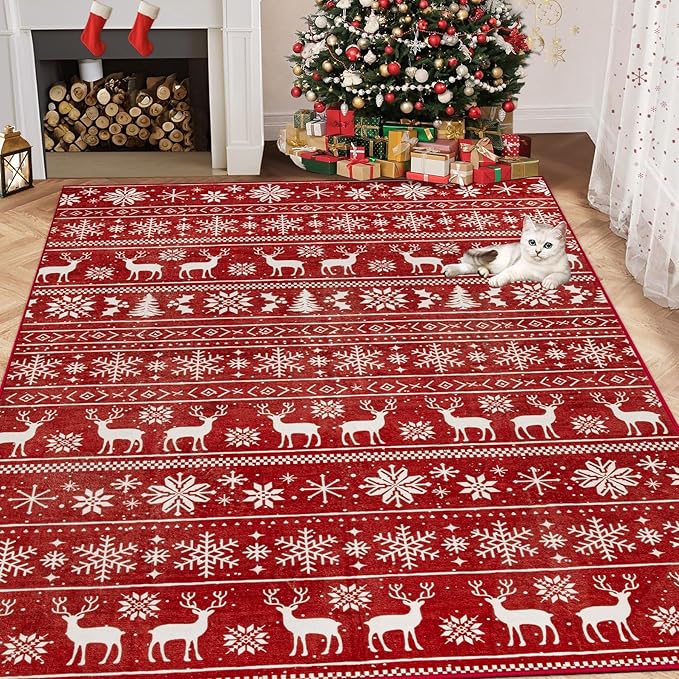 Christmas Rug 4x6 Washable Rugs, Boho Christmas Tree Snowflake Rug Non-Slip Soft Low Pile Non Shedding Indoor Holiday Carpet for Living Room Bedroom Dining Room Home Office (XmasRed, 4'x6')