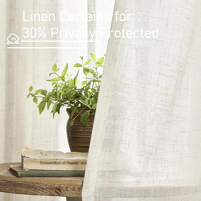 LAMIT Cream Ivory Linen Curtains 95 Inches Long 2 Panels Set for Bedroom, Back Tab and Rod Pocket Linen Textured Natural Curtains Light Filtering Boho Drapes for Living Room/Dining Room, 52 x 95 Inch