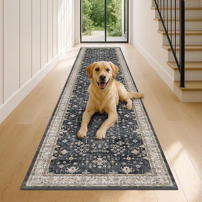Hazo Haus Black Boho Washable 3x12 Extra Long Runner Rug for Hallway, Waterproof Large Kitchen Floor Rug, Non-Slip Stain & Fade Resistant, Vintage Floral Decor