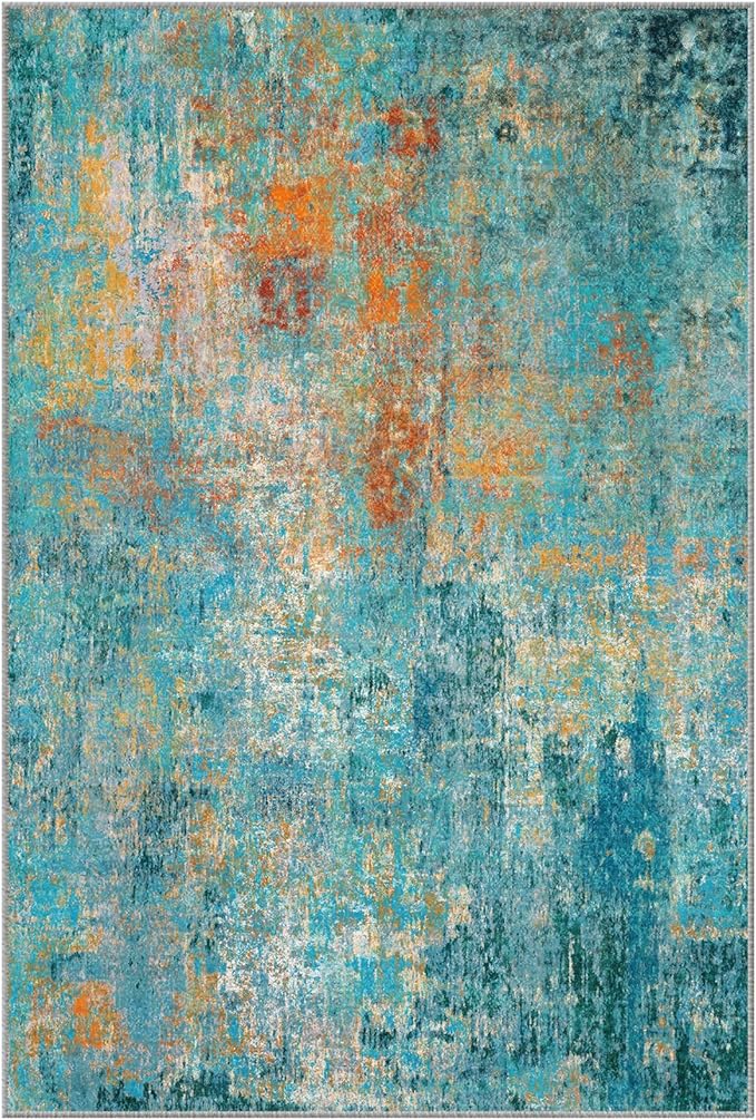 Washable Area Rugs 7'x9' Non-Slip Modern Abstract Soft for Living Room Entryway Bedroom Nursery, Print Pattern, Teal Blue Green Orange Rust Red Coloreful