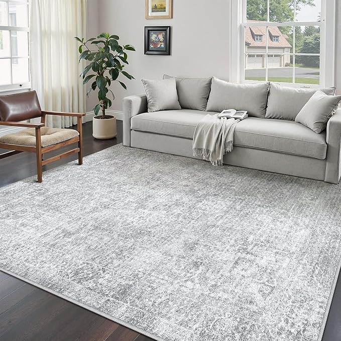 8x10 Area Rug Washable Vintage Living Room Carpet Large Indoor Non Slip Grey Bedroom Distressed Low Pile Retro Accent Throw Rug for Dining Room