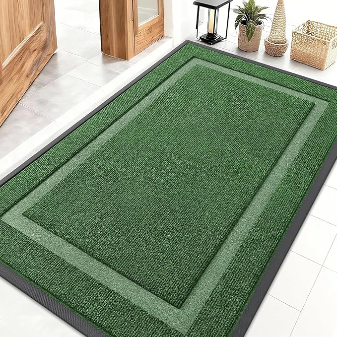 OLANLY Front Door Mat Indoor Outdoor Entrance, Waterproof All-Season, All-Weather Doormat, Sturdy Natural Rubber, Fade Resistant, Low Profile, Easy Clean Patio Porch Entryway Mat, 47x30, Green