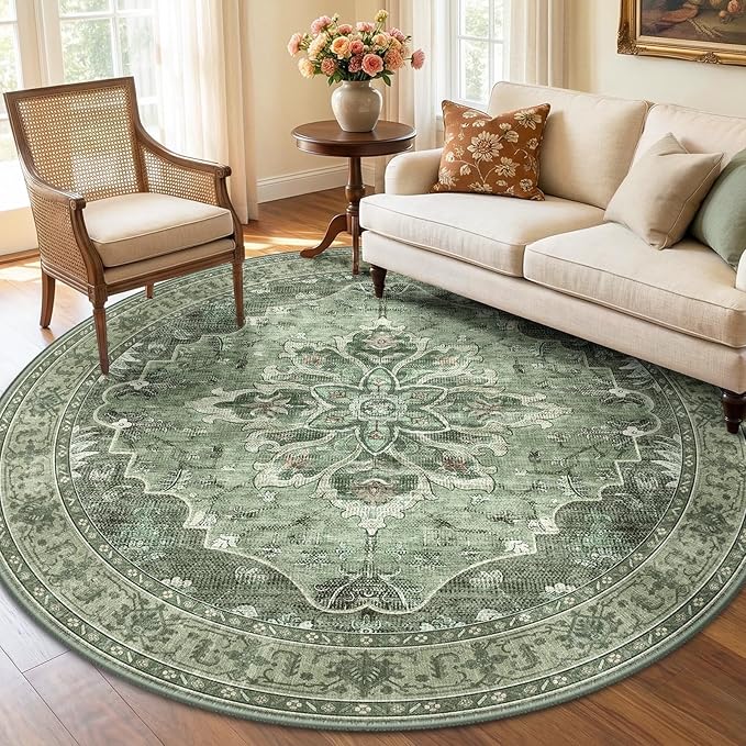RELEANY Area Rugs 6ft Washable Non-Slip, Floral Vintage Distress Print Pattern Medallion Carpet for Living Room Bedroom Dining Room, Dark Green Gray