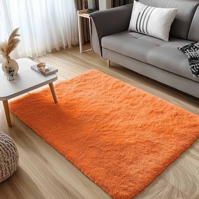OLANLY 3x5 Machine Washable Small Bedside Rug, Soft Fluffy Shaggy Rugs for Living Room, Bedroom, Indoor Floor Carpet for Kids Girls and Boys, Preppy Dorms, Nursery, Home Decor Aesthetic, Orange