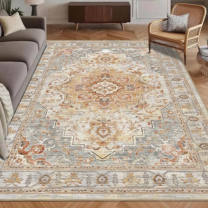 Washable Area Rug 8' x 10' Vintage Traditional Persian Mat - Foldable Distressed Non-Slip Machine Washable Carpet for Living Room Bedroom Kitchen Home Decor - Dove Gray and Coral