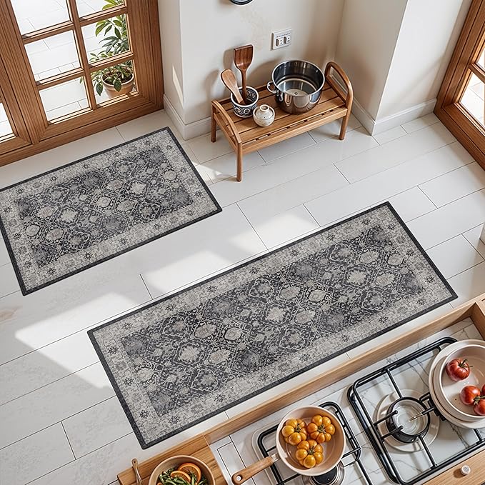 3 Pieces Kitchen Rug Sets: Farmhouse Washable Non-Slip Floor Mat for Sink Stove & Fridge Area Water Resistant Carpet for Laundry Room Entryway Soft Cozy Runners for Kids Pets Family(2x3+2x4+2x5,Black)