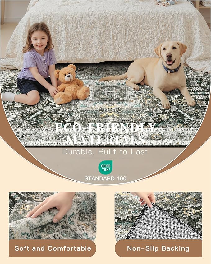 Madane Washable Runner Rug 2x8, Runners for Hallways Non-Slip Kitchen Runner Rugs Ultra-Thin Laundry Room Carpet Runner for Entrance Living Dinning Room Foyer, Grey Green/Black Olive