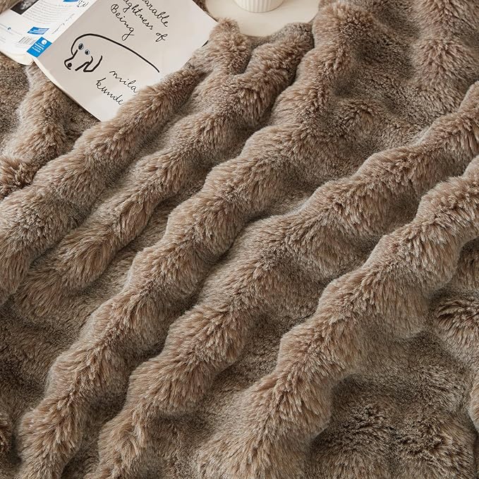 COOVA Faux Fur Throw Blanket for Couch, Cozy Soft and Fuzzy Plush Rabbit Fur Bubble Blanket for Sofa Bedroom Living Room, 60x80 Inches Cationic Brown