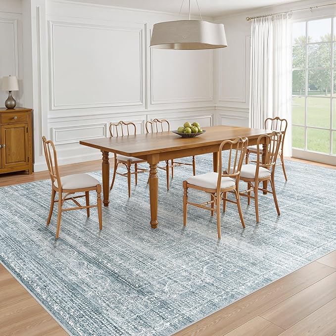 8x10 Area Rugs Living Room: Washable Large Neutral Soft Rug Farmhouse Stain Resistant Indoor Non-Slip Floor Carpet for Bedroom Nursery Kids Playroom Office Dining Room Dorm- Blue