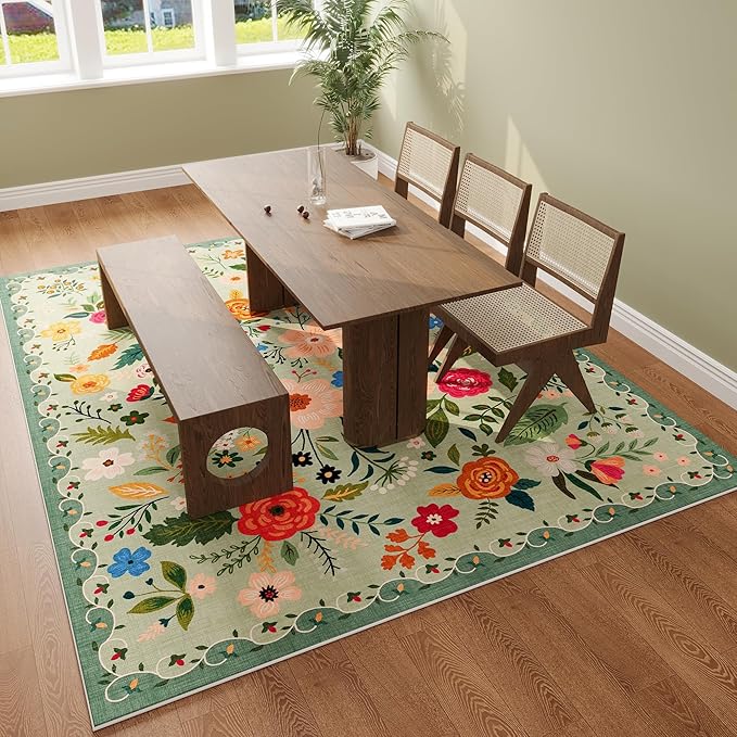 Rugcomf Area Rugs 8x10 Rug for Living Room Clearance Washable Boho Area Rug Non Slip Floral Vintage Low Pile Large Rug for Living Room, Bedroom, Farmhouse, Dining Room, Kids Playroom(Green)
