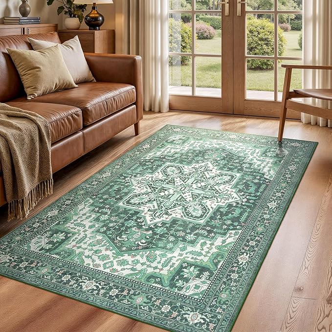 Rugflix 3x5 Area Rugs for Living Room, Machine Washable Rug Non Slip Stain Resistance, Small Rug Vintage Distressed Soft Carpet for Bedroom, Dining Room, Home Office, Green