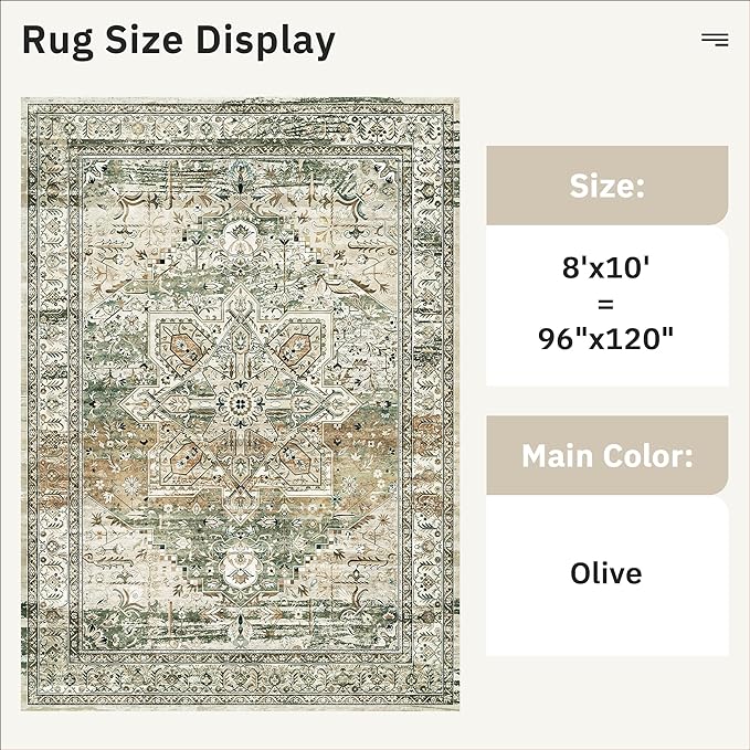 Soalmost Washable Area Rug 8x10, Large Soft Rugs for Living Room Farmhouse Vintage Area Rugs for Bedroom Dining Room Non-Slip Stain Resistant Under Table Rug Olive Beige