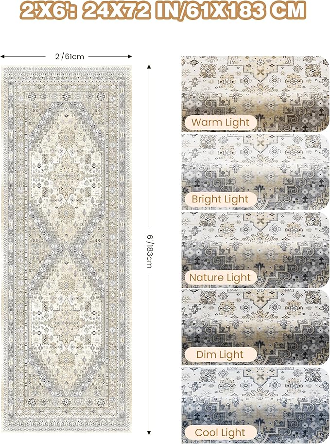 Runner Rug 2x6, Ultra-Thin Entryway Rug Non Slip Washable Rugs for Laundry Room, Runners for Hallways, Vintage Soft Rugs for Living Room, Kitchen, Bedroom(Beige,2'x6')