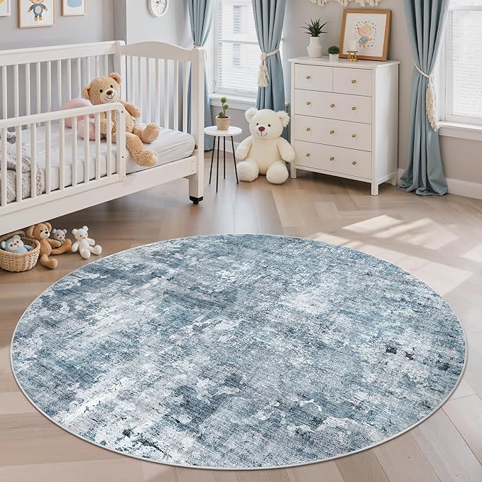 6x6 Blue/Grey Round Rug 6ft Living Room Circle Rug Vintage Round Area Rug Non Slip Indoor Carpet for Dining Room Bedroom