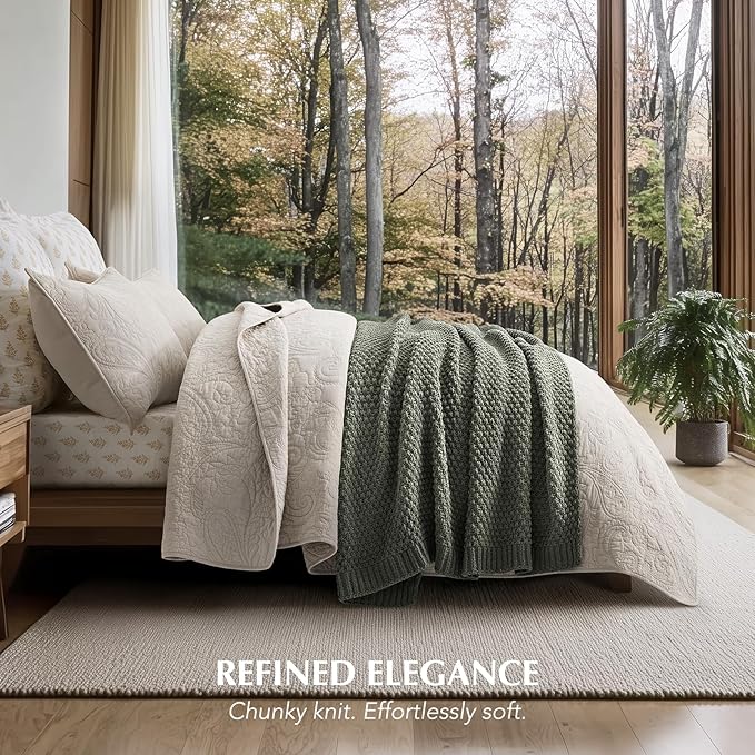 EVERGRACEHOME Chunky Chenille Knit Throw Blanket for Couch, Soft Luxurious Moss Stitch Blankets for Bed, Cozy Decorative Farmhouse Knitted Throws for Sofa, Dried Thyme Green, 60" x 80"